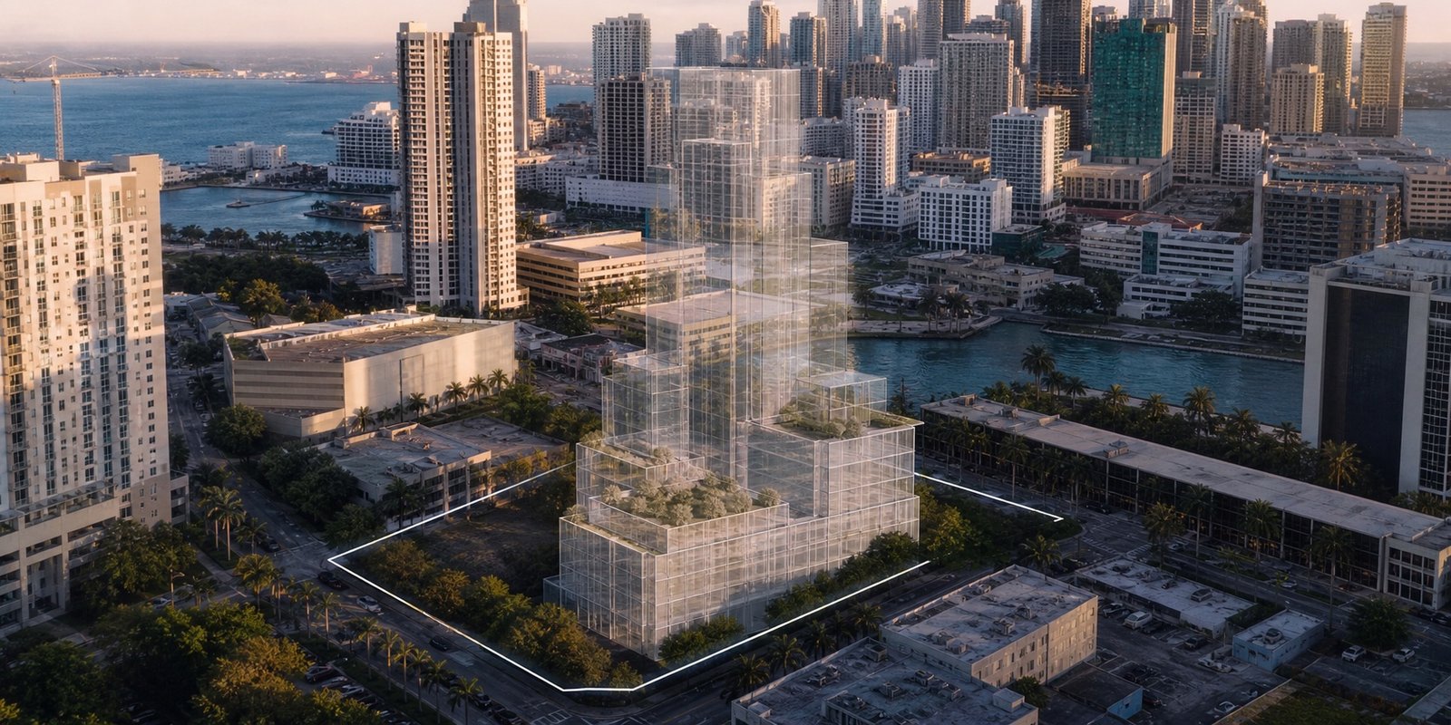 Miami development parcel with conceptual tower massing